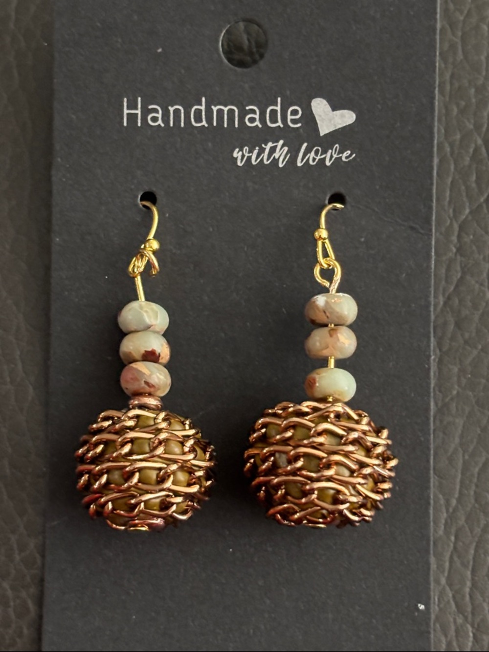 Gold-Tone Chain Ball Earrings with Beige Stone Beads